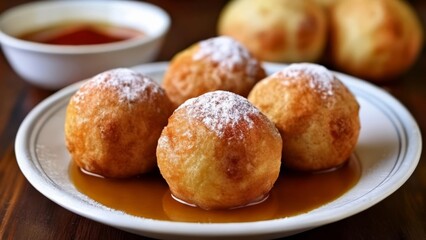  Deliciously goldenbrown pastries in a bowl with syrup