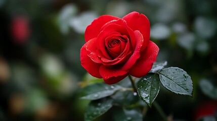 A single red rose with water droplets on its petals, against a blurred background of green leaves.