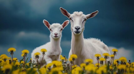 Obraz premium Funny goats standing among blooming dandelions against a dark blue sky. Mom and baby. Looking to the camera