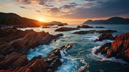 Stunning sunset over rocky seashores with waves crashing near tranquil coastal landscape