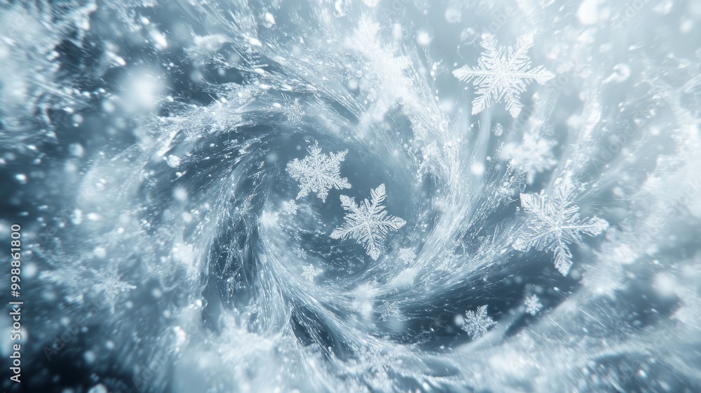 Poster snowflakes falling in a swirling vortex, creating an intricate pattern of ice and wind, dynamic and 