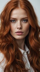 Naklejka premium Portrait of a red-haired woman with light eyes and visible freckles on her fair skin.