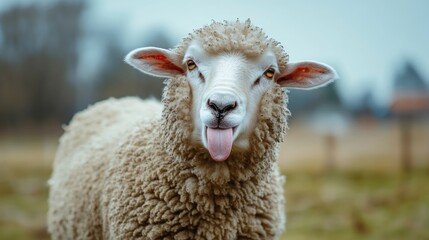 Funny sheep. Portrait of sheep showing tongue