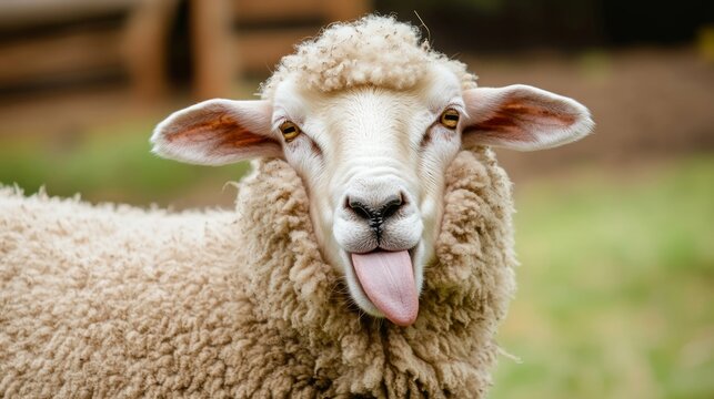 Funny sheep. Portrait of sheep showing tongue