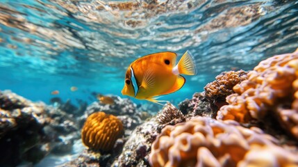 Fototapeta premium Vibrant Fish Swimming Over Coral Reef in Clear Water