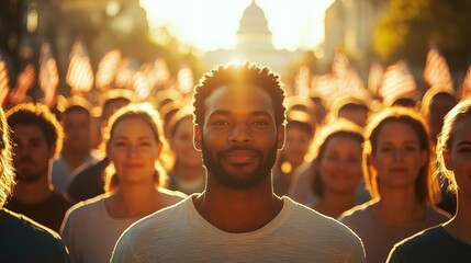 Diverse group of young Americans standing together in front of the Capitol building during sunset, future of the nation and democracy new beautiful stock image illustration AI