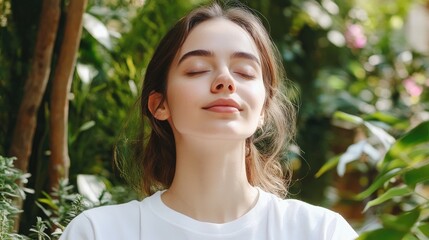 Serene Young Woman in Nature with Closed Eyes