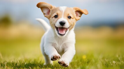 Happy Puppy Running in a Green Field