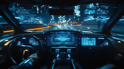 futuristic vehicle and graphical user interface(GUI). intelligent car. connected car. Internet of Things. Heads up display(HUD)
