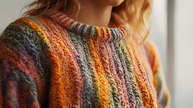 Woman wearing colorful knitted sweater posing