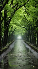 Fototapeta premium A peaceful pathway surrounded by verdant trees glistens after a refreshing rain shower