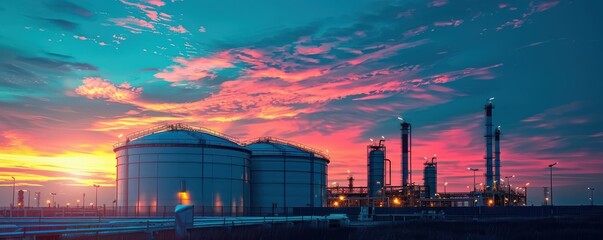 Large industrial tanks with domed tops under a clear blue sky, representing oil and gas storage. Free copy space for banner.