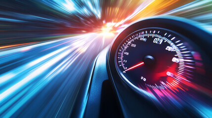 A car speedometer displays high speed while blurred motion lights zoom past, symbolizing speed, acceleration, and fast driving.