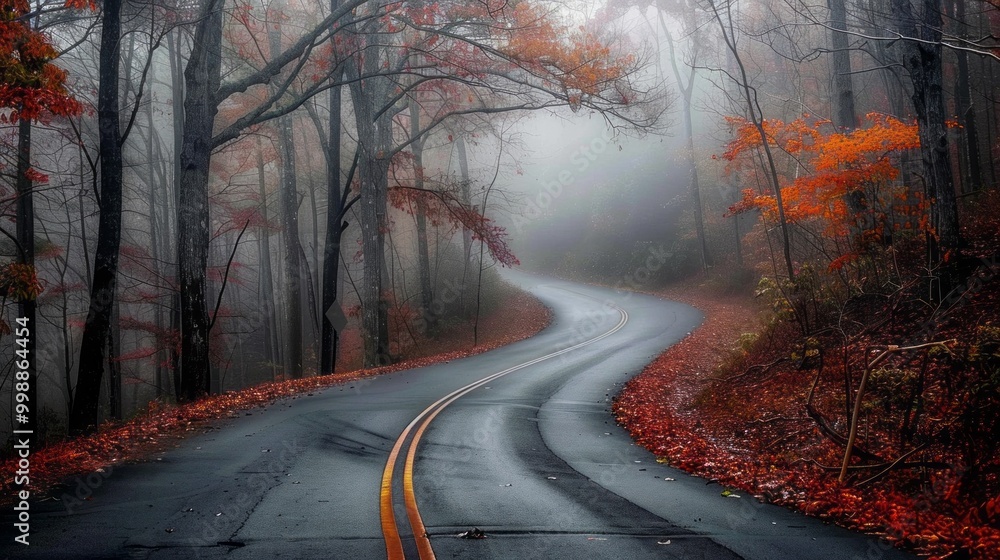 Poster a road with trees on both sides and a yellow line