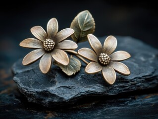 Elegant vintage floral brooch on slate stone background