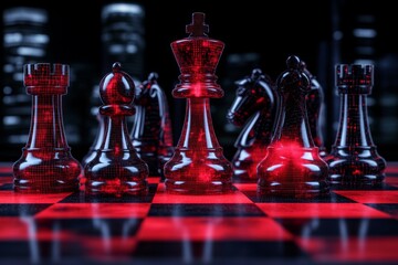 Strategic Moves in Market Competition, abstract chessboard featuring skyscraper chess pieces, monochrome tones with red accents, emphasizing business strategy and competition dynamics.