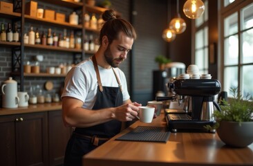 A male barista in a cafe makes coffee. Generative AI tools
