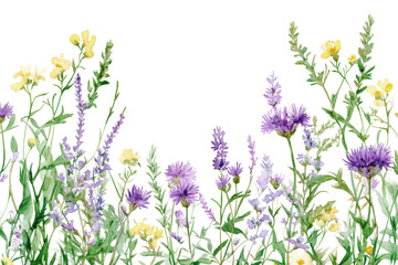 Fototapeta premium A vibrant collection of wildflowers showcasing yellow, purple, and blue blooms against a transparent background, transparent background.