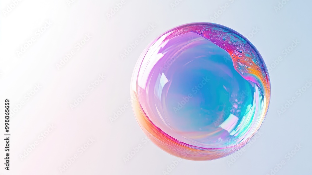 Poster a delicate translucent soap bubble, hovering in the air with colorful reflections on its surface, se