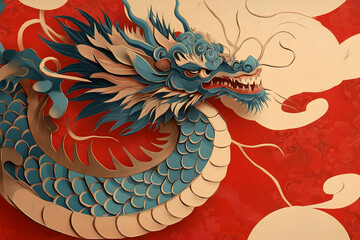An abstract illustration of a powerful chinese dragon in a paper cut style