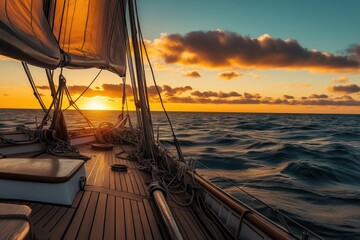 A beautiful sunset view from the deck of a sailing boat, with vibrant colors reflecting on the water.