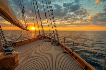 A beautiful sunset view from the deck of a sailing boat, with vibrant colors reflecting on the water.