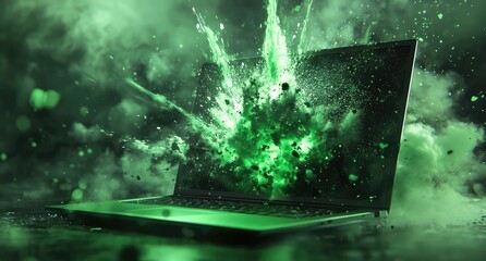 A laptop computer explodes with green dust and smoke in a dark studio.