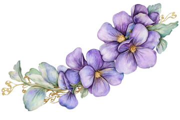 Obraz premium A beautiful illustration of delicate violet flowers adorned with soft green leaves, perfect for spring-themed designs, transparent background.