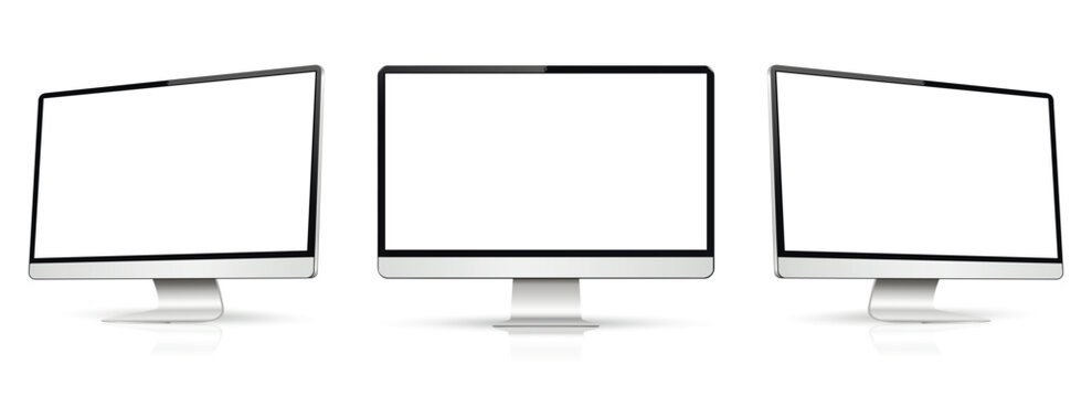 Three monitor with empty display, realistic set device screen mockup
