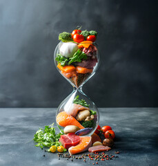 Hourglass and chopped fresh fruits and vegetables and time lapse.