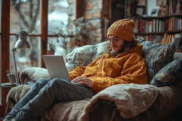 Obraz premium A freelancer working from home with a laptop on a cozy couch, symbolizing remote work. Concept of business.