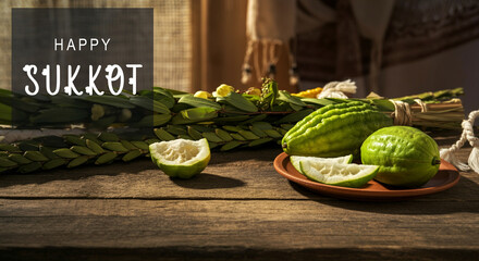 Citrus fruits and sukkot decoration on a wooden table with fresh food elements and vibrant colors