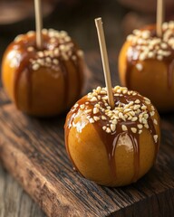 Caramel Apples on Rustic Wood