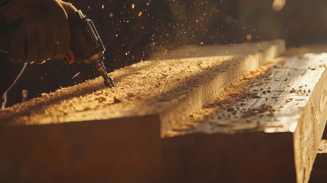Close-up of carpenter drilling wood in warm sunlight
