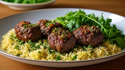 Fototapeta premium Delicious meal of meatballs and rice ready to be savored