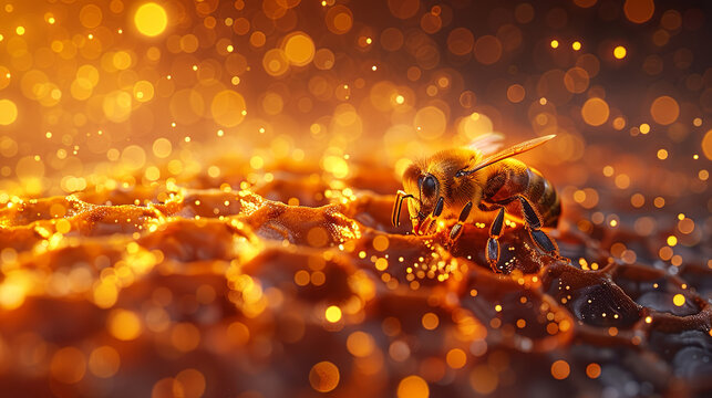 Honey bee standing on honeycomb working on honey production surrounded by other bees