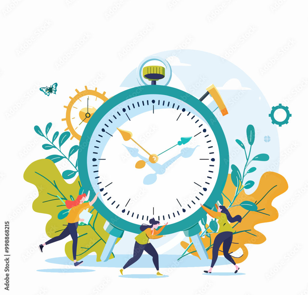 Poster illustration showing individuals interacting with a large clock, symbolizing the challenges of manag