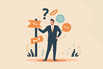 Obraz premium Illustration of a businessman at a crossroads pondering choices, symbolizing decision making and uncertainty.