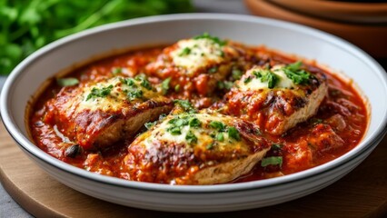  Deliciously baked chicken in a rich tomato sauce ready to be savored