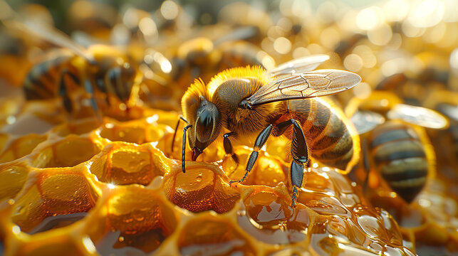 Honey bee standing on honeycomb working on honey production surrounded by other bees