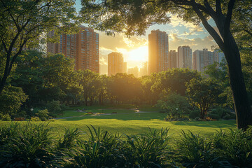 A city park filled with trees and green spaces to combat urban heat. Concept of urban development.