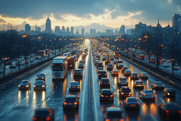 A busy highway with cars and trucks, representing transportation and logistics. Concept of infrastructure.