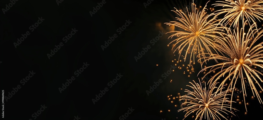 Poster black background with fireworks in the foreground. the fireworks are in different sizes and are scat