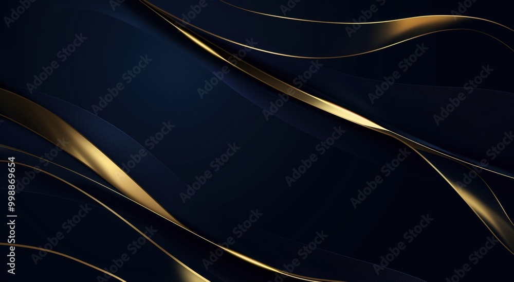 Poster dark blue background with gold lines that create a wavy, elegant pattern. the gold and black color s