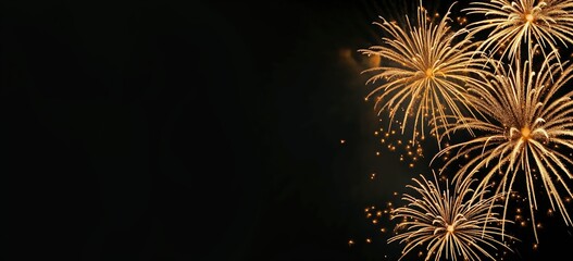 Black background with fireworks in the foreground. The fireworks are in different sizes and are scattered throughout the image. Scene is celebratory and festive