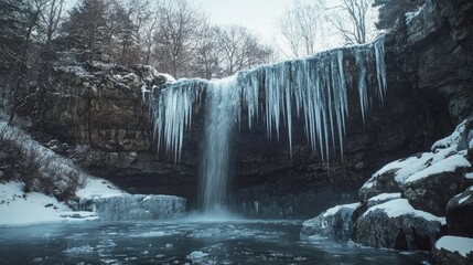 A frozen waterfall, its cascading motion captured in a state of suspended animation, icicles clinging to the rock face like crystalline tears.