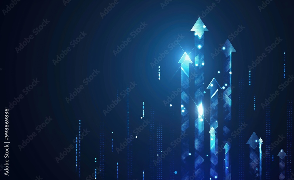 Aufkleber Blue background with a series of arrows pointing upwards. The arrows are spaced out and appear to be connected to each other. Concept of growth and progress