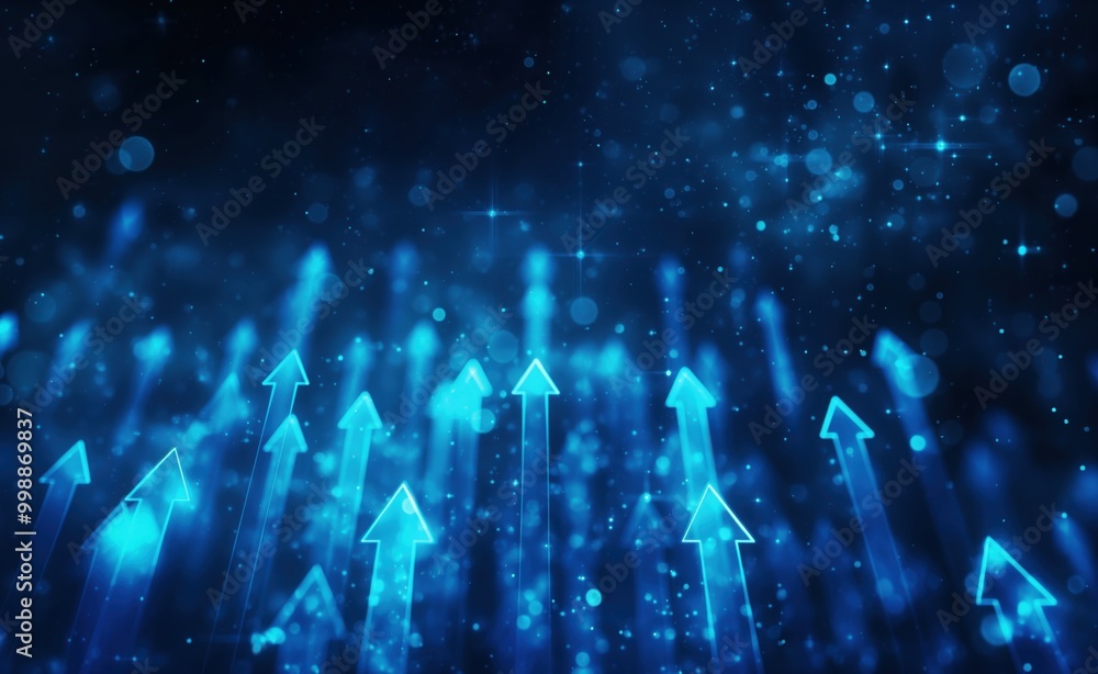 Poster blue background with many arrows pointing upwards. the arrows are in different sizes and are scatter