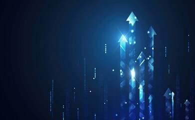 Blue background with a series of arrows pointing upwards. The arrows are spaced out and appear to be connected to each other. Concept of growth and progress