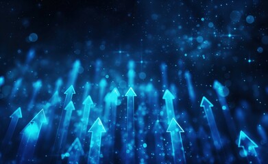 Blue background with many arrows pointing upwards. The arrows are in different sizes and are scattered throughout the image. Scene is one of growth and progress